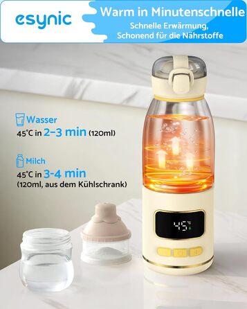 eSynic Підігрівач для пляшечок 450 мл з акумулятором 15000mAh, нержавіюча сталь 316, швидкий нагрів за 2-3 хв, для грудного молока та води, USB-C, BPA-free, для подорожей та нічного годування