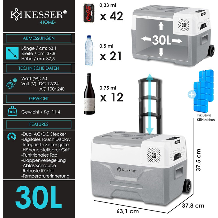 Холодильник KESSER® Kompressor 30л, -20°C, з APP-керуванням, USB, 12/24V/230V, для авто/човнів, сірий