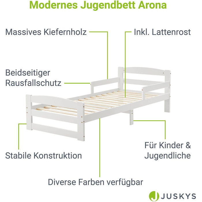 Молодіжне ліжко Juskys Arona 90x200 см з рейковою основою - Каркас ліжка з масиву дерева білого кольору - Односпальне ліжко із захистом від падіння з висоти - Місце для зберігання під ліжком