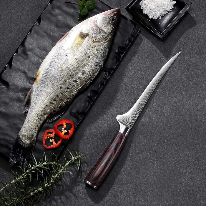 Ніж сантоку PAUDIN з дамаської сталі, 13 см - професійний кухонний ніж для кухні, надзвичайно гострий, з високоякісної нержавіючої сталі та ергономічною ручкою G10 (рибний ніж 18 см)