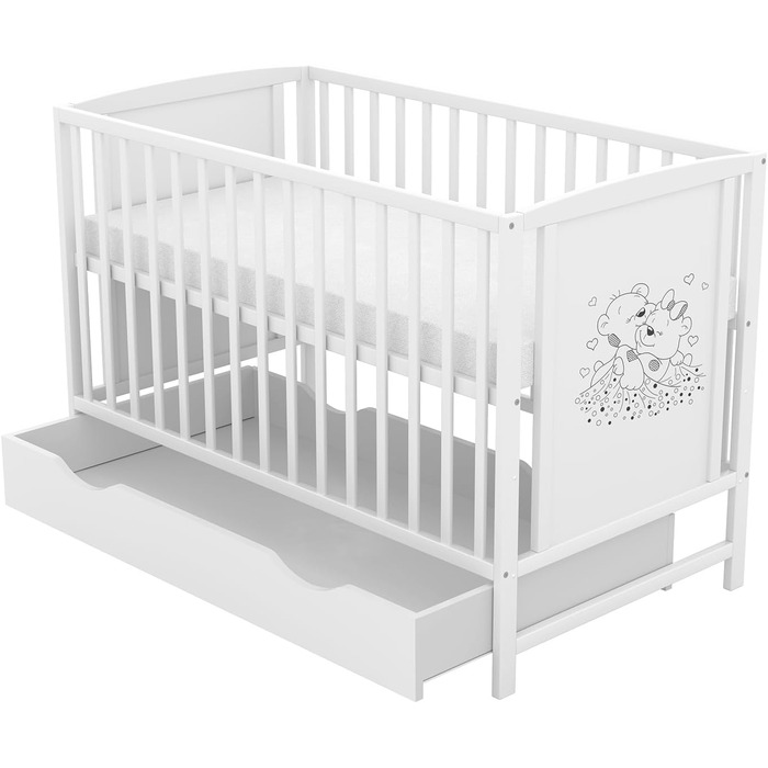 Дитяче ліжко Baby Delux 60x120 см біле, мотив ведмедя, з ящиком і матрацом