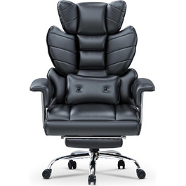 Ергономічне крісло для офісу з висувною підніжкою, регульоване по висоті, велика м'яка спинка, індивідуальна підтримка попереку, крісло для начальника з PU-шкіри, чорне з підніжкою