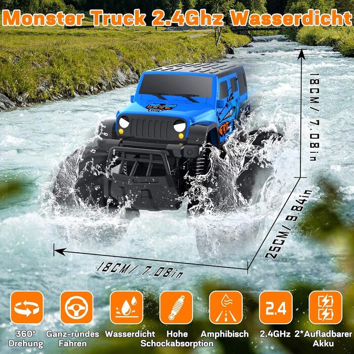 Радіокерований позашляховик Monstertruck 2.4GHz 4WD (до 15+ км/год) з двома акумуляторами, водонепроникний, для дітей від 6 років