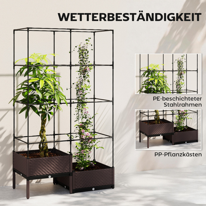 Підвищений грядок з решіткою для підтримки рослин, дренажними отворами та пластиковими горщиками, розміром 100 x 50 x 174 см