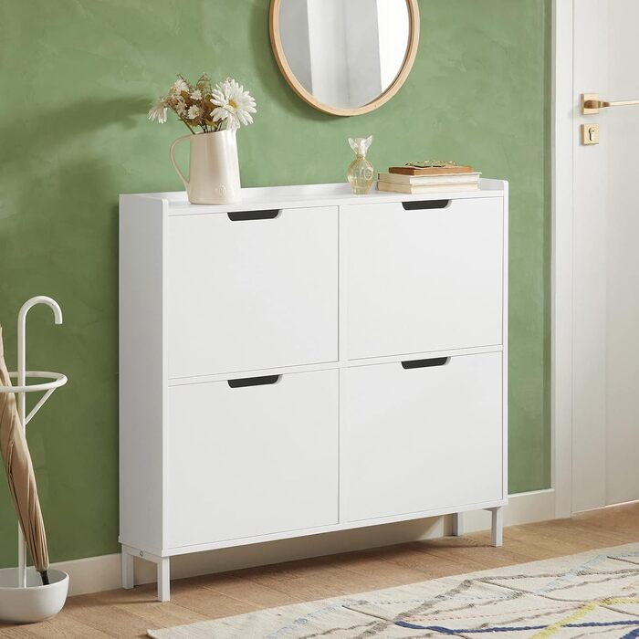 Шафа для взуття SoBuy FSR100-W з 4 дверцятами, 8 полицями, 100x91x19 см, біла