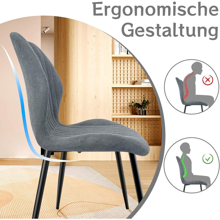 Набір обідніх стільців для їдальні, кухні, вітальні (6 шт., сірий). М'які стільці з тканинною спинкою та металевими ніжками.