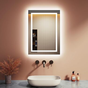 Дзеркало для ванної кімнати LOMIKEN з підсвічуванням, 60x50x3,5 см, LED, 6400K, 3 колірні температури, антивідблиск, вертикальна/горизонтальна установка