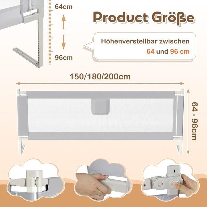 Захисний бортик для ліжка дитячий Ikodm 2x200 см + 1x180 см, регульована висота 64-96 см, сірий