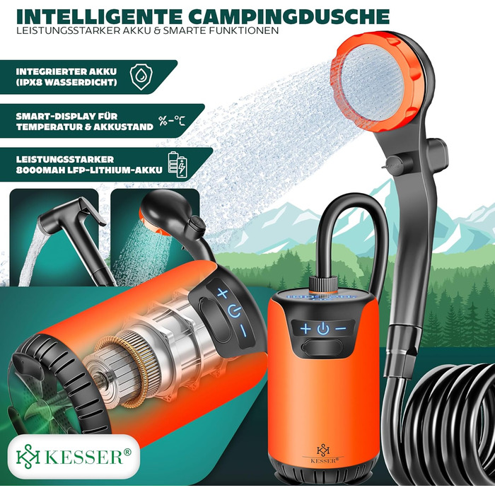 Соняшний душ KESSER® з насосом та акумулятором 8000mAh. Комплект для кемпінгу: регульована лійка, шланг 2м, пістолет-розпилювач, кріплення. Без бака, оранжевий/чорний