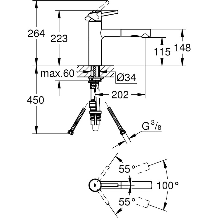 Змішувач для раковини (середньо-високий вилив, діапазон повороту на 100, висувний душ), хром, 30273001 Висувний спрей для полоскання