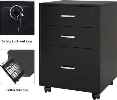 Шафа для документів SDHYL з 3 висувними ящиками на колесах, верхній ящик з замком, чорна, для дому та офісу