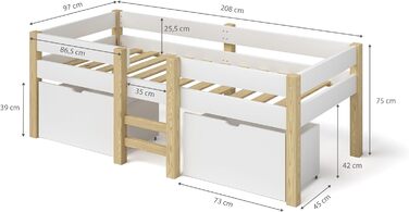 Дитяче ліжечко Bellabino Aspy із захистом від падіння, ліжко-горище біле в т.ч. рейковий каркас та 2 висувні ящики, напіввисоке ліжко з місцем для зберігання натуральне/біле, ліжко-горище 90х200 см біле з висувними ящиками