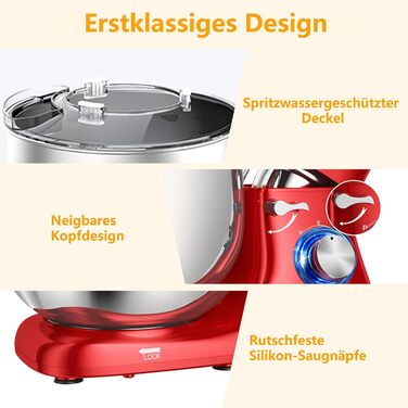 Кухонна машина AUMATE 1400W, 8 л, з міксером, гаком для тіста та вінчиком (червона)