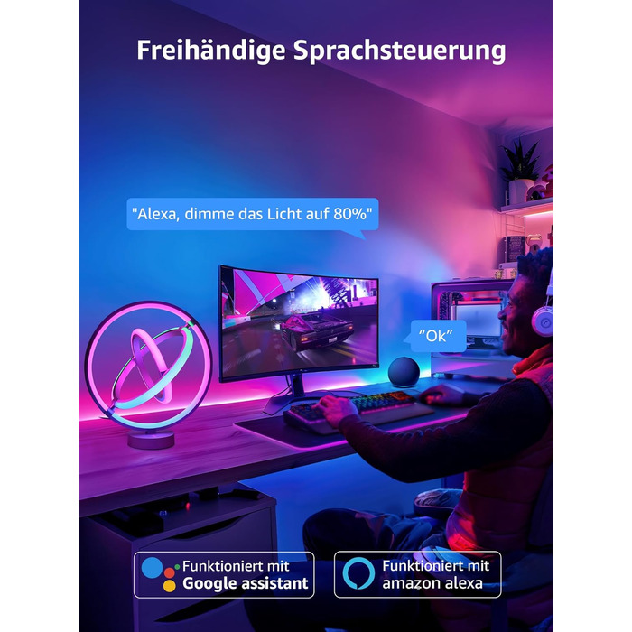 Lepro AI Розумна лампа TB2, Персоналізований світловий дизайнер на основі AI, Синхронізація з музикою/Керування через додаток, Настільна лампа з регулюванням яскравості, RGB+IC технологія, Сумісна з Alexa/Google, Без пульта керування, Ключ скрипки (Planet