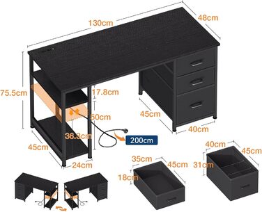 Комп'ютерний стіл Coleshome з висувними ящиками з тканини, 130x48 см. 2 розетки та 2 USB-порти для зарядки. Стільниця з полицею, реверсивний офісний стіл для дому та офісу (Чорний, 130x48x75.7 см)