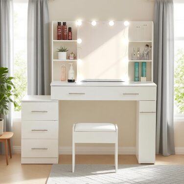 Дзеркальний туалетний столик Thanaddo з підсвічуванням та пуфом, 100×40×136 см. 6 шухляд, відкриті полиці, сучасний дизайн для спальні (білий)