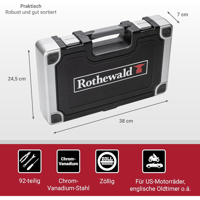 Набір інструментів Zoll 92 частини, з висувними бітотримачами для дюймових біт, тріскачкою з дрібним зубом, сталь Cr-V сіро-червоний