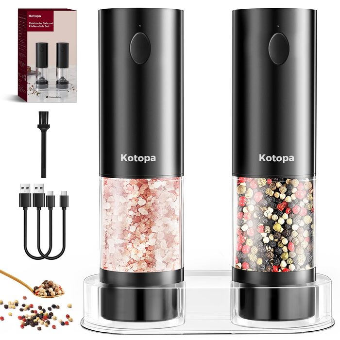 Електричні солі та перечні млини 2 шт. (чорні) з регулюванням помелу, LED-підсвічуванням та великим резервуаром 100 мл