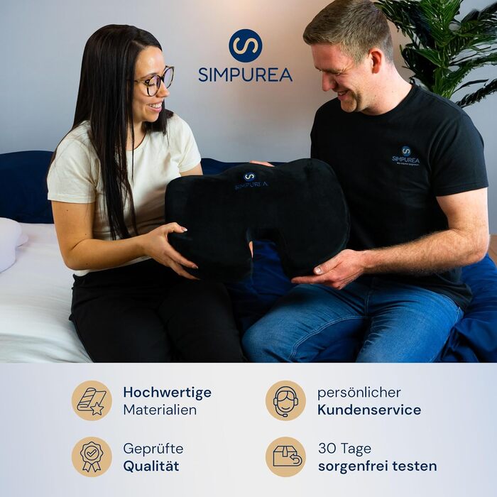 Ортопедична подушка для сидіння SIMPUREA® 'Коала' - з антиковзким велюровим покриттям - ідеальна для офісу, авто та дому - сприяє здоровій поставі та комфорту, знімає навантаження з куприка - середній розмір (60-120 кг) Чорний
