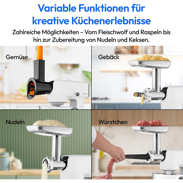 Кухонна машина MEDION MD 12600 з м'ясорубкою, 4.6 л чаша з нержавіючої сталі, тихий двигун, 800 Вт, набір насадок для натирання, шинкування та нарізання, сенсорний дисплей, міксер, тістоміс