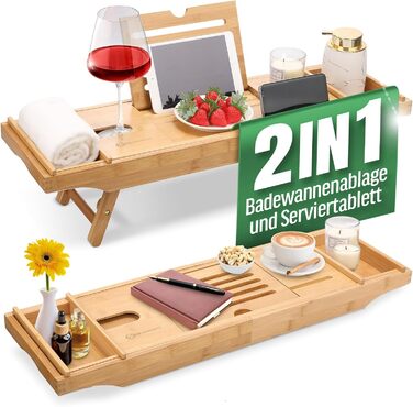 Підставка для ванни з бамбука - велика з розкладним тримачем | Підставка для ванни, столик для сніданку
