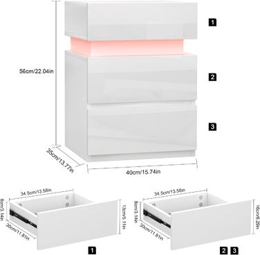 Набір з 2 тумбочок білий глянцевий зі світлодіодом, 3 шухляди, 16 кольорів, 35x40x55см/40x35x55см