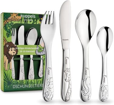 Дитячий набір столових приборів Kuppels з гравіюванням імені – набір столових приборів для дітей від 3 років, 4 шт., нержавіюча сталь, придатний для миття в посудомийній машині – персоналізований хрестильний подарунок для дівчаток та хлопчиків (з зображен