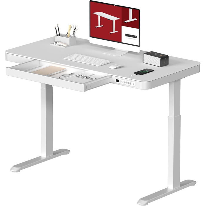 Електричний регульований стіл Sanodesk з ящиком, сенсорним керуванням та USB-портами, 120 x 60 см, білий колір, білий каркас, висота 73.5-118 см