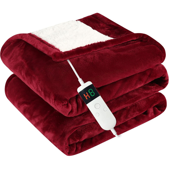 Електрична гріюча ковдра з автовимкненням, 130x180 см, 10 режимів нагріву, таймер 8 годин, захист від перегріву, фланель, машинне прання, для дому та офісу, червона, 130 x 180 см