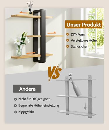 Полиця настінна дерев'яна SUMGAR, плаваюча, 3-ярусна, 50x58 см, чорно-дерев'яна, для вітальні, спальні