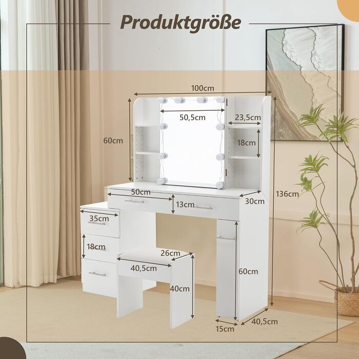 Дзеркальний туалетний столик Thanaddo з підсвічуванням та пуфом, 100×40×136 см. 6 шухляд, відкриті полиці, сучасний дизайн для спальні (білий)