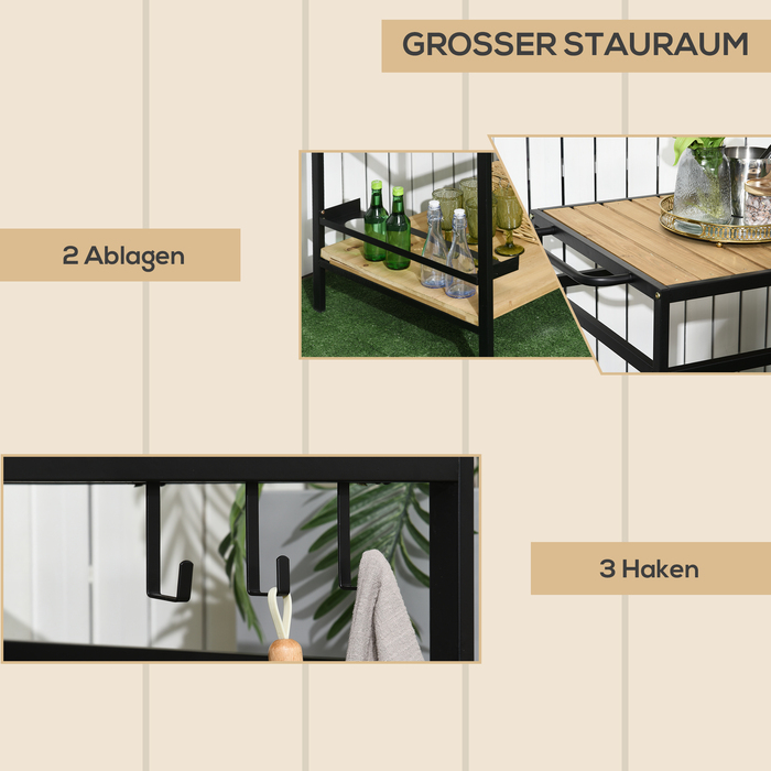 Промисловий візок з міцною конструкцією, стійкий до погодних умов, з 3 гачками та 1 полицею, розміри 107 см x 65 см x 80 см, чорний + натуральний колір.