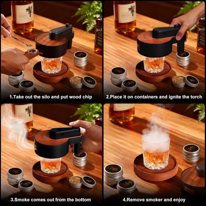 Набір для копчення віскі з інтегрованим запальничкою, 6 видів дерев'яної стружки, 2 склянки, 2 форми для льоду, набір для коктейлів, подарунок на Різдво та день народження для чоловіків, батька, чоловіка (БЕЗ бутану) (коричневий)