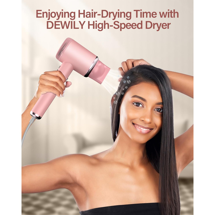 Іонний фен для волосся DEWILY з безщітковим двигуном 110,000 RPM, магнітним дифузором та 2 насадками, рожевий