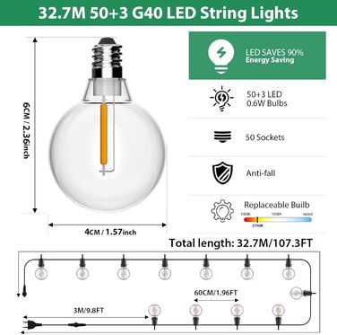 Світлодіодні вуличні ліхтарі G40, 121 теплі білі лампи IP54, 32,7 м для саду та вечірок