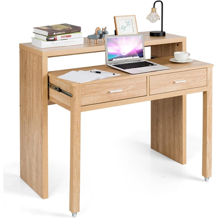 Розсувний стіл COSTWAY, комп'ютерний стіл з 2 ящиками, невеликий стіл для ПК, офісний стіл, робочий стіл для маленької кімнати, природа