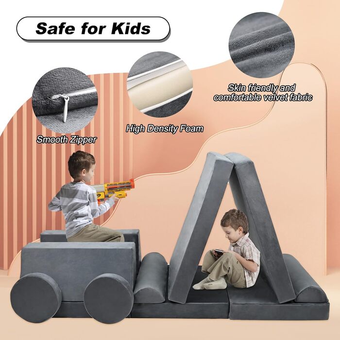 Дитяче м'яке диван-конструктор SUNYRISY Funzy 10 елементів, сірий. Модульний диван-конструктор для дитячої кімнати, зручна кутова зона, виготовлений з пінопласту.