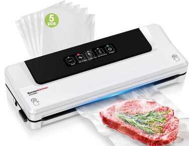 Вакууматор для продуктів Bonsenkitchen — швидкий вакуумний пакувальник з функцією запайки, білий (комплект: 5 пакетів та шланг)