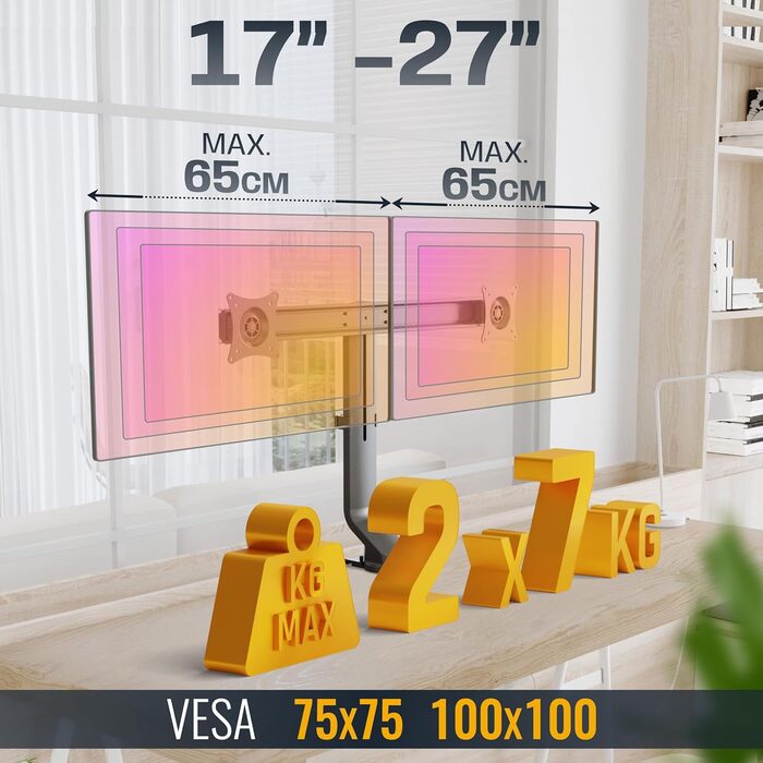 Підставка для монітора RICOO TS3811 для 2 моніторів, чорний мат, 17-27 дюймів