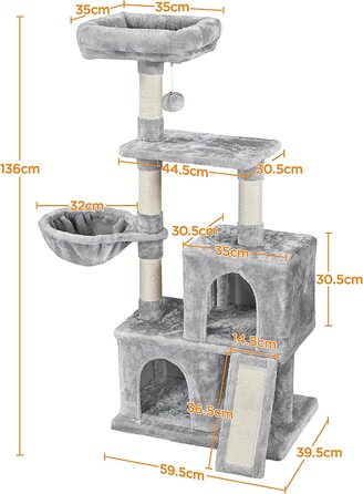 Дерево для котячих кігтеток Yaheetech, 136 см, дерево для котячих кігтеток, з м'яким плюшем і сизалем, стійке дерево для лазіння по кішкам, сірий