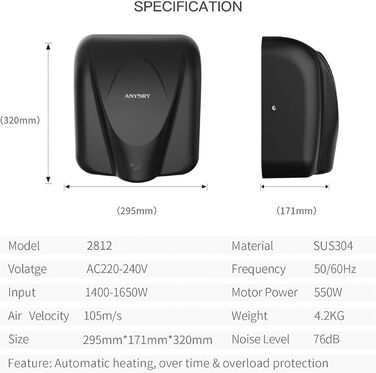 Anydry 2812 - Електричний сушар для рук AnyDry, для комерційного використання, нержавіюча сталь, швидка сушка (7-10 сек), 1600W, чорний (Brushed)