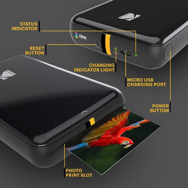 Фотодрук KODAK Step: Портативний міні-принтер для смартфонів, друк фотографій 2x3” на плівці Zink, Bluetooth, iOS & Android, чорний