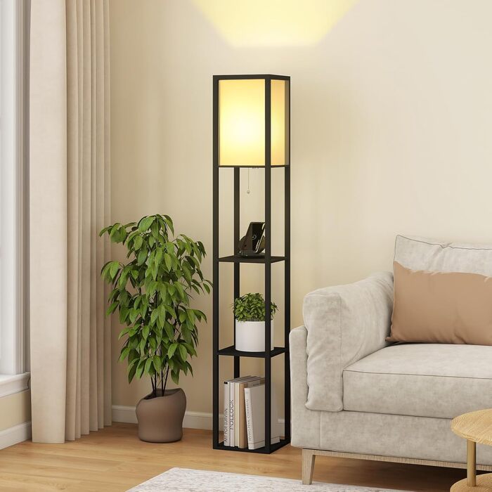 Торшер Fullwatt з дерев'яною полицею та підсвічуванням для спальні та вітальні (чорний)
