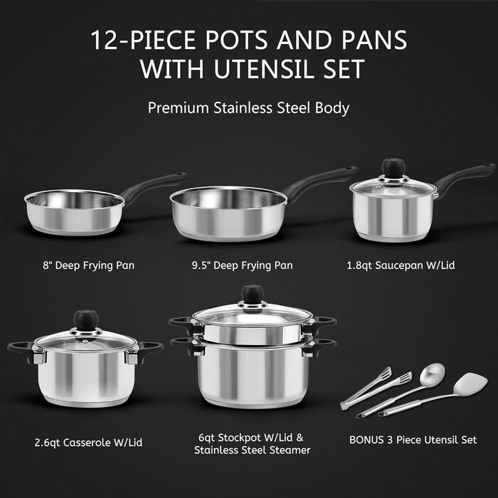 Набір каструль 6 шт. з нержавіючої сталі для індукційних плит, Cookware Set, з кришкою та захистом від опіків, сумісний з усіма типами плит, не має покриття, придатний для миття в посудомийній машині