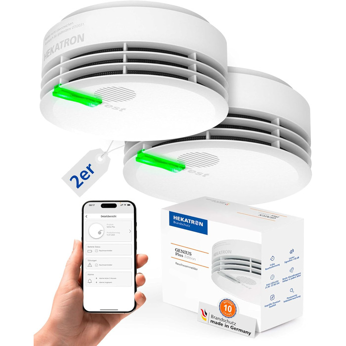 Пожежний сповіщувач Hekatron Genius Plus з батареєю на 10 років, тестування Stiftung Warentest, Made in Germany, з клейкою підкладкою, підтримка додатку, багатомовний, 1 шт.