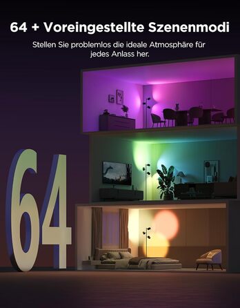 Світлодіодна підлогова лампа Govee 3-Flammen RGBWW, Matter, 1500lm, сумісна з Alexa, 64+ сцени, синхронізація з музикою, 157см, чорна для вітальні, спальні, кабінету