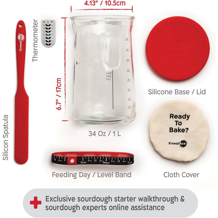 Набір для закваски KneadAce: банка 680.4 г, 2 корзини для вистоювання Banneton, лама для надрізання хліба, подарунок для пекаря. Комплект для випікання заквасового хліба (680.4 г, 2 корзини, червона лама)