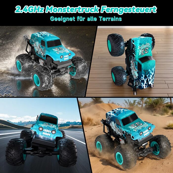 RC Monstertruck 1:20 2.4GHz синій - радіокерований позашляховик для хлопчиків та дівчаток від 3 років з LED підсвіткою, музикою та функцією 'ходьба на двох колесах'