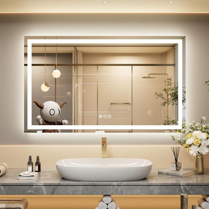 LED-дзеркало для ванної кімнати 60x80 см з підсвічуванням, сенсорне керування, регулювання яскравості, 3 кольори світла, антизапарник, водонепроникність IP44, вертикальна/горизонтальна орієнтація