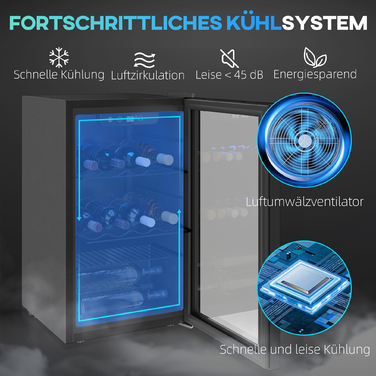 Винний шафа на 24 пляшки, 68 літрів, діапазон температур 4–16 °C, окремостояча модель для напоїв, пива та вина зі скляними дверцятами, чорного кольору